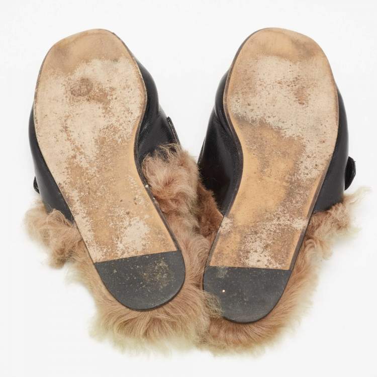 Pre Owned Gucci Black Leather and Fur Lined GG Marmont Princetown Mules Size 43