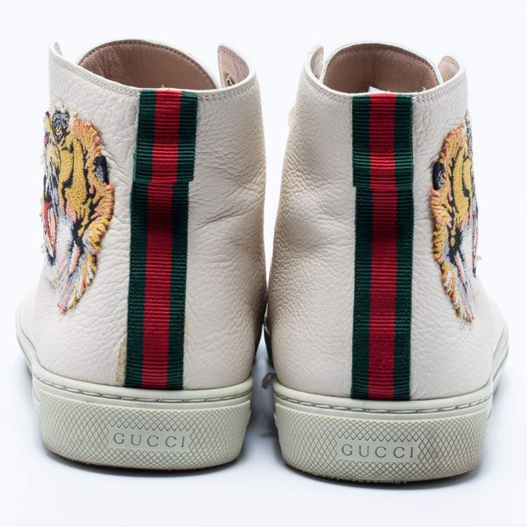 Pre Owned Gucci Cream Leather Tiger Embroidered High Top Sneaker Size 44