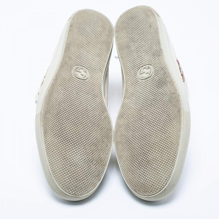 Pre Owned Gucci Cream Leather Tiger Embroidered High Top Sneaker Size 44