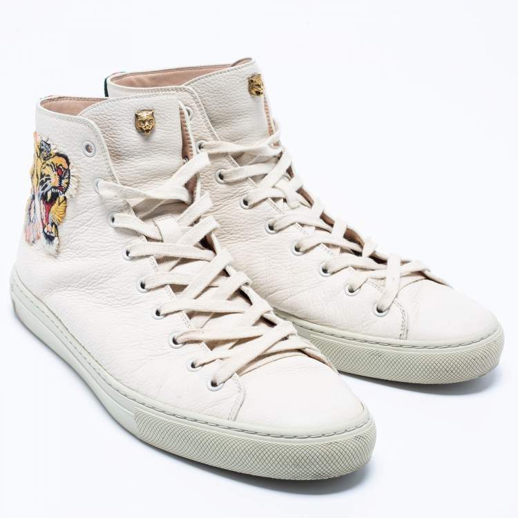 Pre Owned Gucci Cream Leather Tiger Embroidered High Top Sneaker Size 44