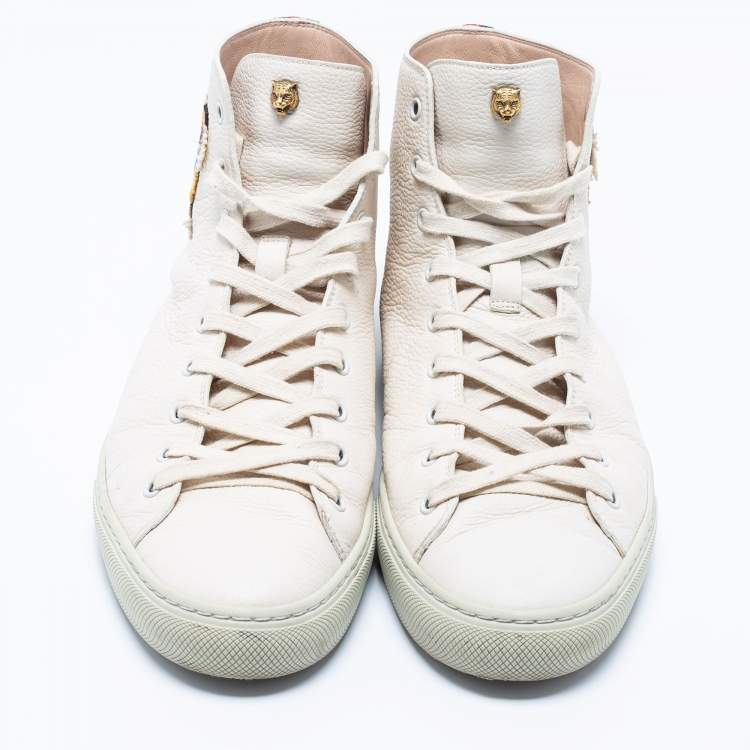 Pre Owned Gucci Cream Leather Tiger Embroidered High Top Sneaker Size 44
