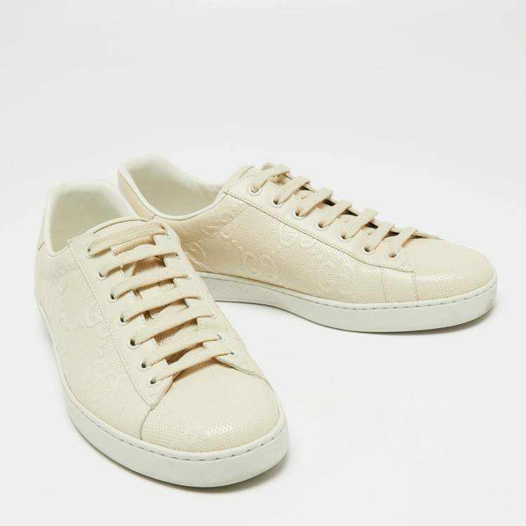 Pre Owned Gucci Cream GG Embossed Perforated Leather Ace Low-Top Sneakers Size 43.5