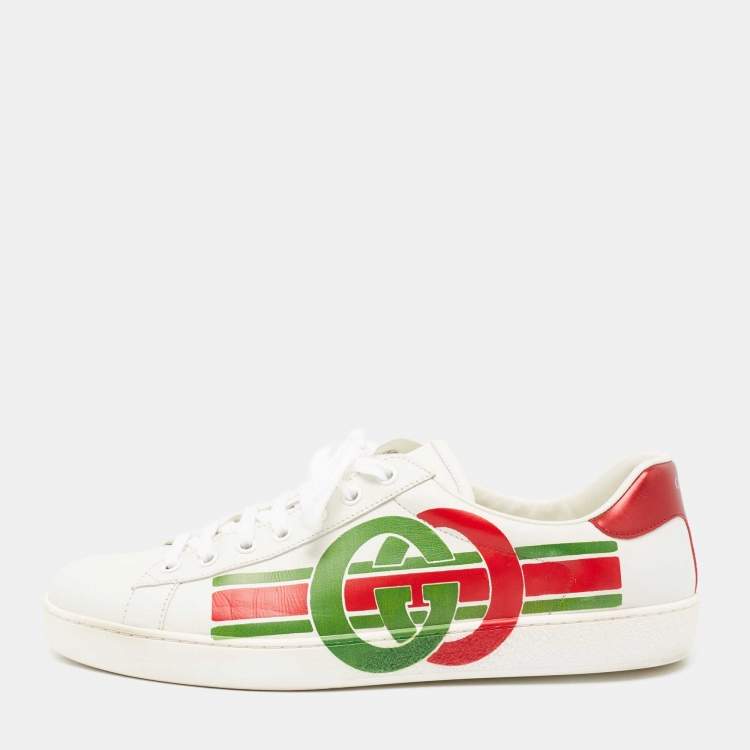 Pre Owned Gucci White Leather Interlocking G Ace Low Top Sneakers  Size 43