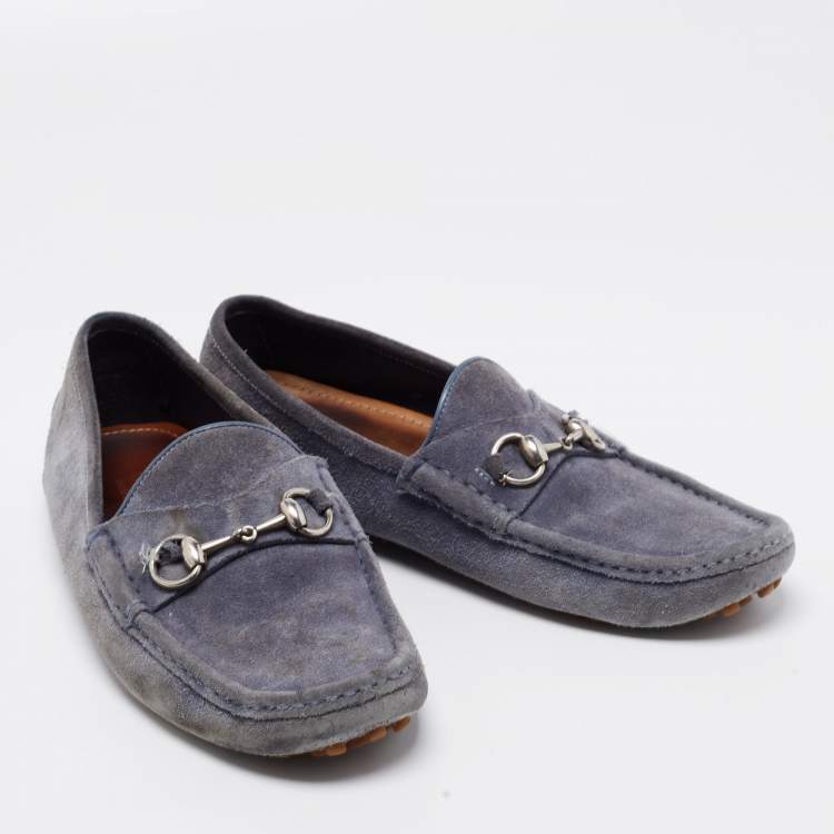 Pre Owned Gucci Blue Suede Horsebit Driver Loafers Size 42