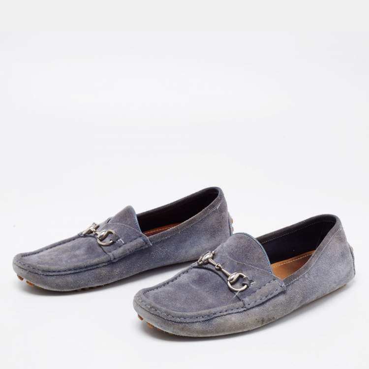 Pre Owned Gucci Blue Suede Horsebit Driver Loafers Size 42