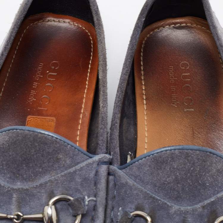 Pre Owned Gucci Blue Suede Horsebit Driver Loafers Size 42