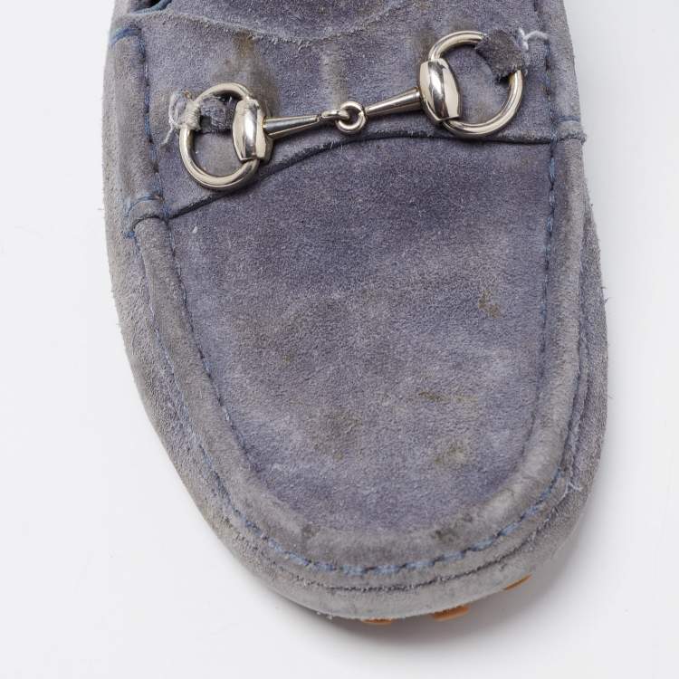 Pre Owned Gucci Blue Suede Horsebit Driver Loafers Size 42