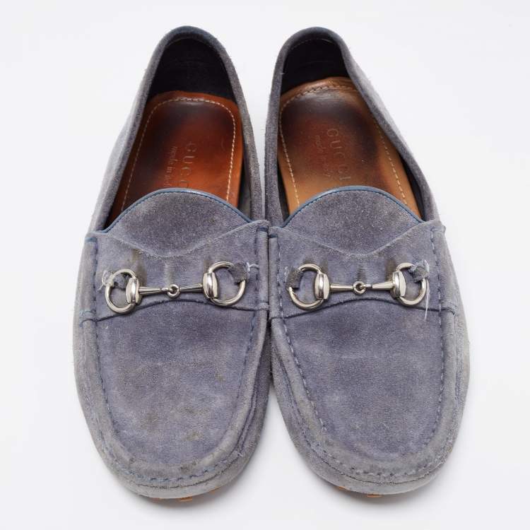 Pre Owned Gucci Blue Suede Horsebit Driver Loafers Size 42
