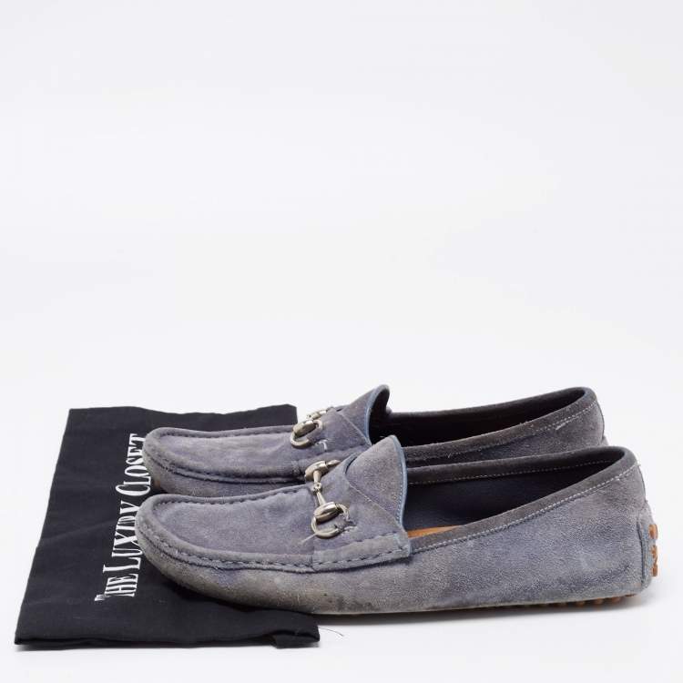 Pre Owned Gucci Blue Suede Horsebit Driver Loafers Size 42