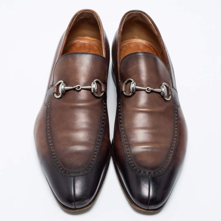 Pre Owned Gucci Brown/Black Leather Horsebit Loafers Size 43