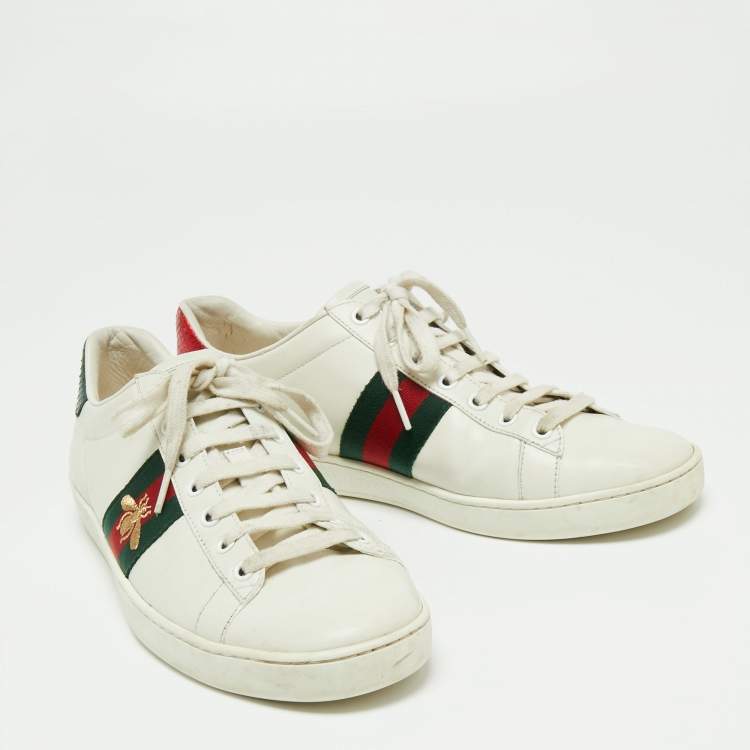 Pre Owned Gucci White Leather Embroidered Bee Ace Low Top Sneakers Size 40.5