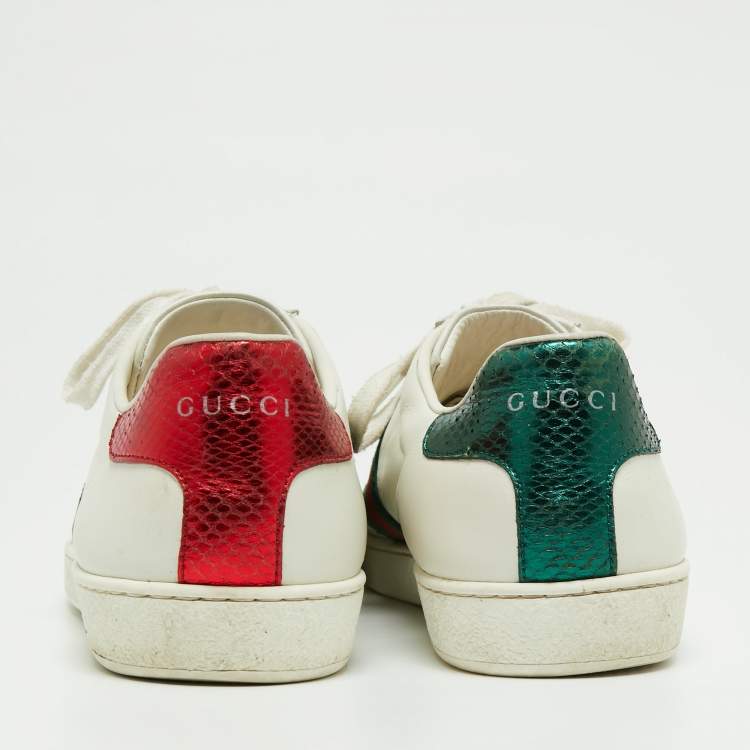 Pre Owned Gucci White Leather Embroidered Bee Ace Low Top Sneakers Size 40.5