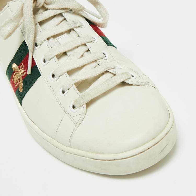 Pre Owned Gucci White Leather Embroidered Bee Ace Low Top Sneakers Size 40.5