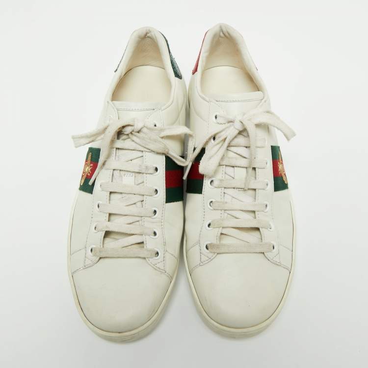 Pre Owned Gucci White Leather Embroidered Bee Ace Low Top Sneakers Size 40.5