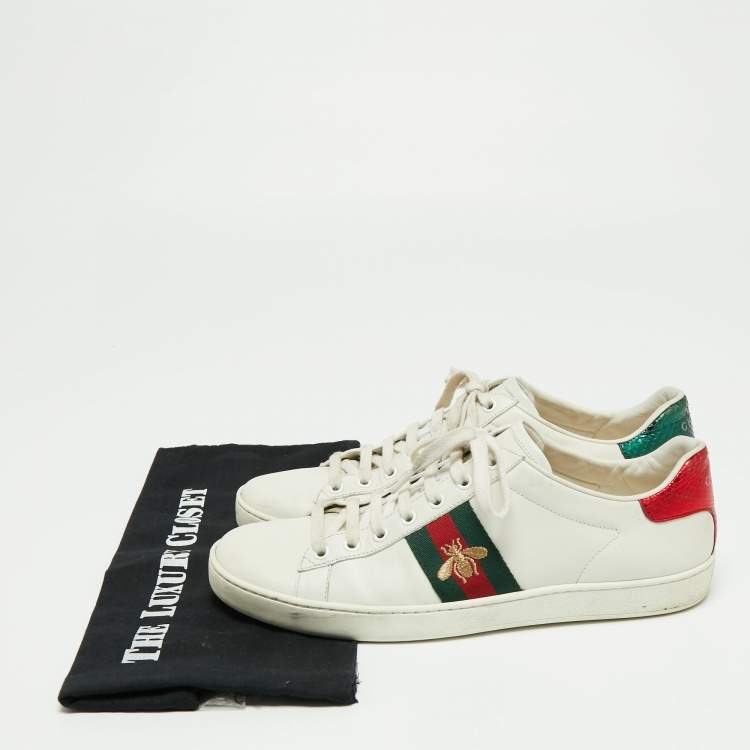 Pre Owned Gucci White Leather Embroidered Bee Ace Low Top Sneakers Size 40.5