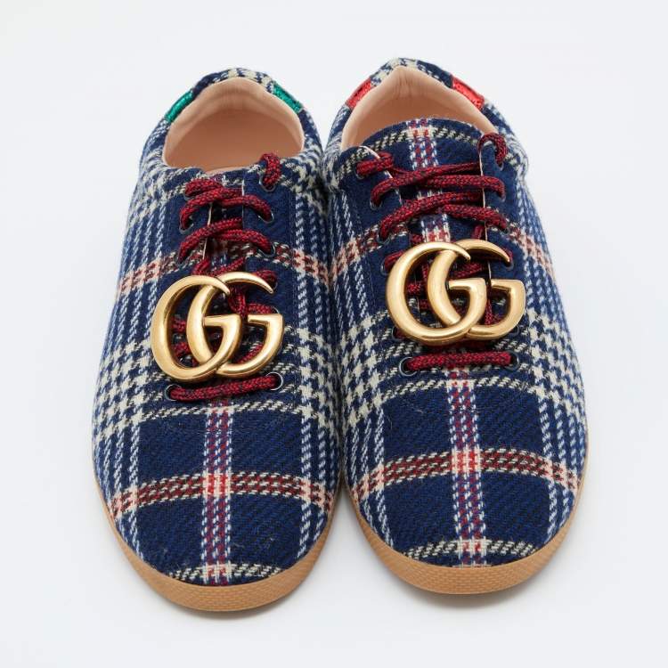 Pre Owned Gucci Blue Wool Metropolitan Tartan Sneakers Size 42.5