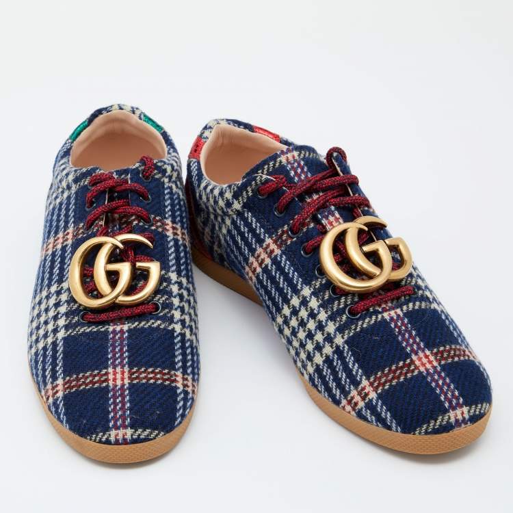 Pre Owned Gucci Blue Wool Metropolitan Tartan Sneakers Size 42.5
