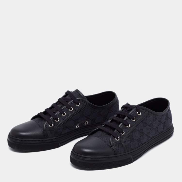 Pre Owned Gucci Black Leather And GG Canvas Low Top Sneakers Size 41