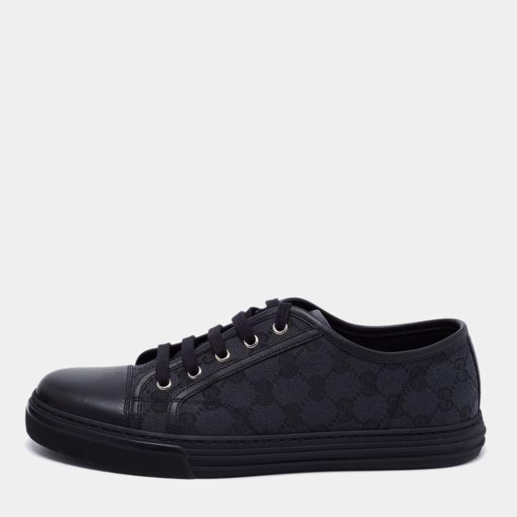 Pre Owned Gucci Black Leather And GG Canvas Low Top Sneakers Size 41