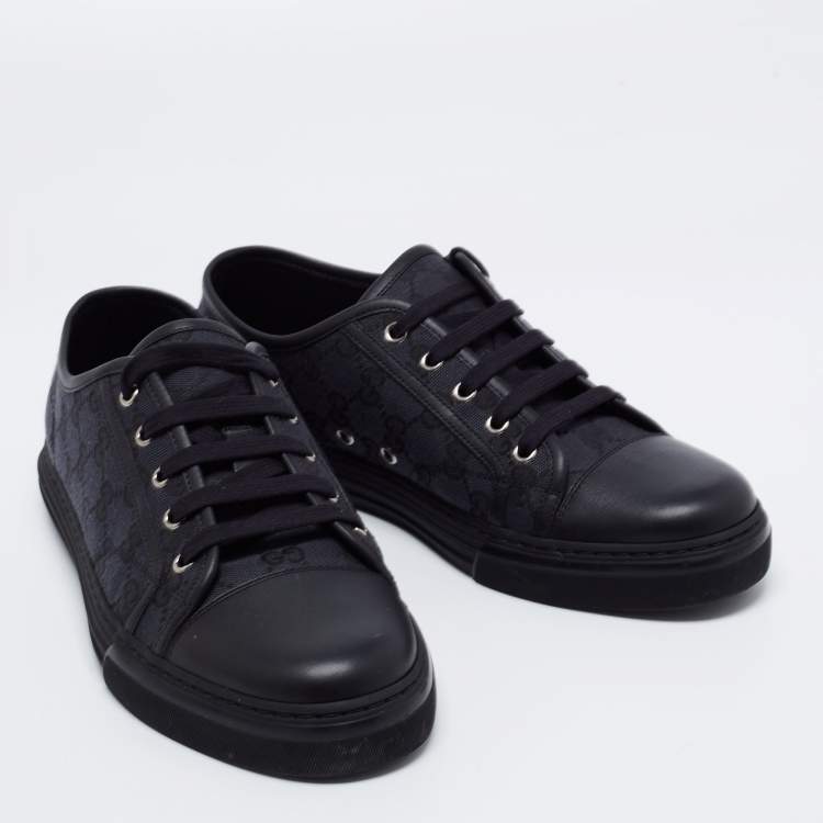 Pre Owned Gucci Black Leather And GG Canvas Low Top Sneakers Size 41
