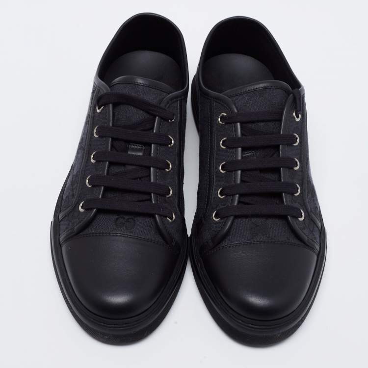 Pre Owned Gucci Black Leather And GG Canvas Low Top Sneakers Size 41