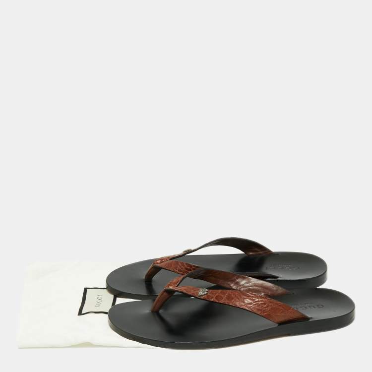 Pre Owned Gucci Brown Alligator Leather Thong Flats Size 40