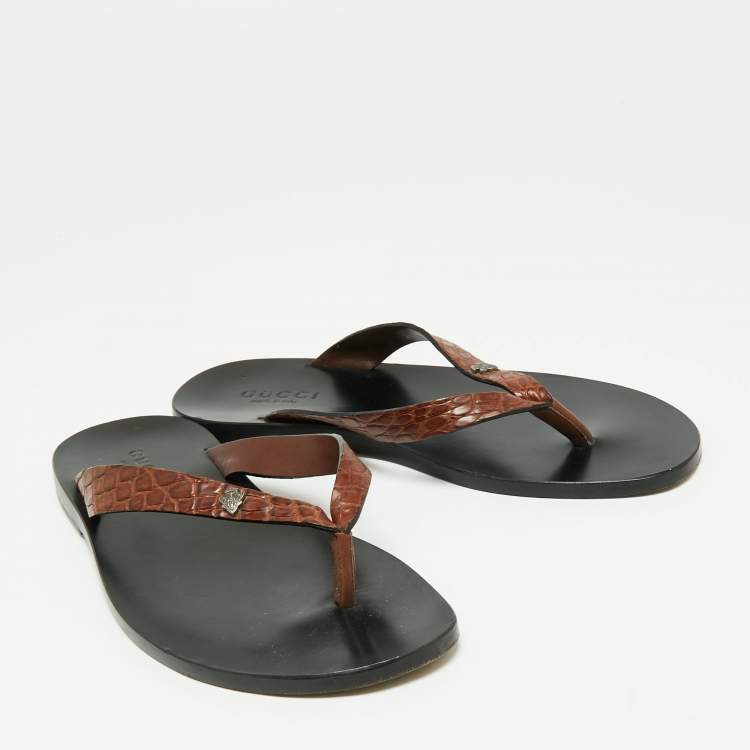 Pre Owned Gucci Brown Alligator Leather Thong Flats Size 40