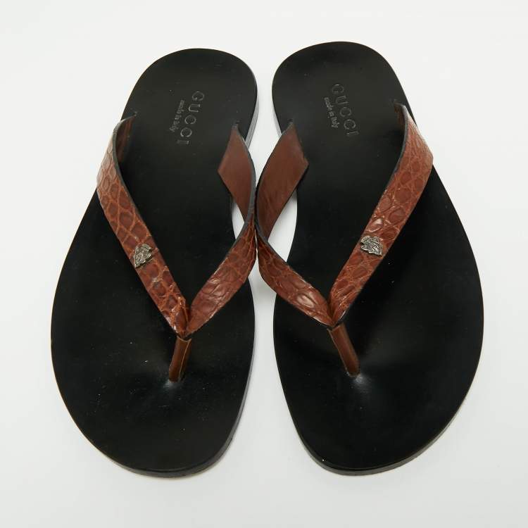 Pre Owned Gucci Brown Alligator Leather Thong Flats Size 40