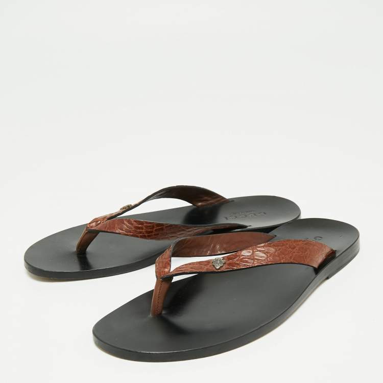 Pre Owned Gucci Brown Alligator Leather Thong Flats Size 40