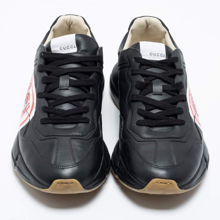 Pre Owned Gucci Black Leather Rhyton Lace Up Sneakers  Size 44