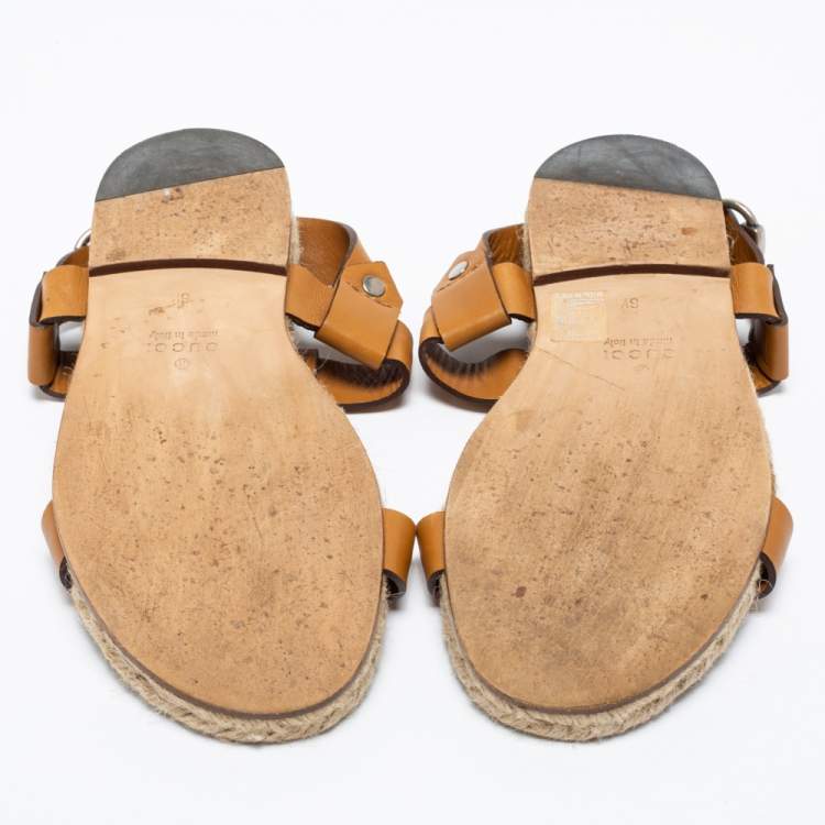 Pre Owned Gucci Tan Leather Ankle Strap Espadrille Sandals Size 40.5