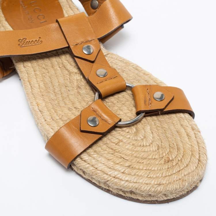 Pre Owned Gucci Tan Leather Ankle Strap Espadrille Sandals Size 40.5