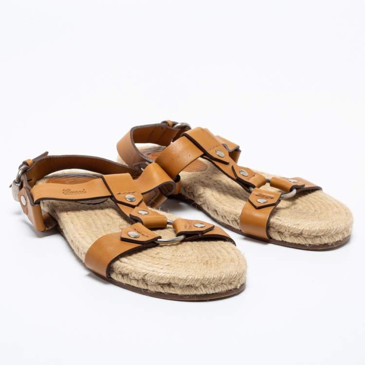 Pre Owned Gucci Tan Leather Ankle Strap Espadrille Sandals Size 40.5