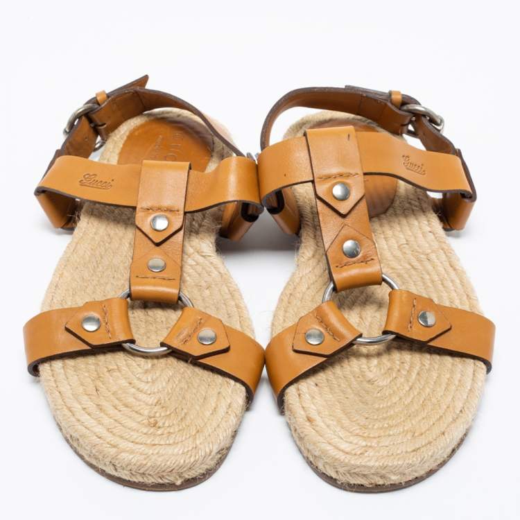Pre Owned Gucci Tan Leather Ankle Strap Espadrille Sandals Size 40.5