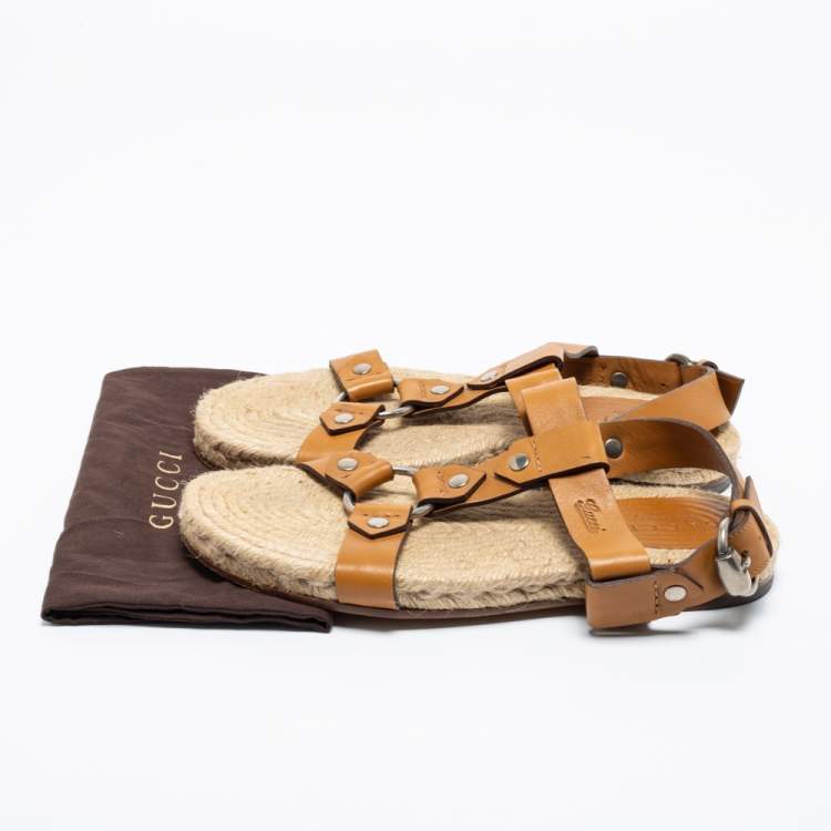 Pre Owned Gucci Tan Leather Ankle Strap Espadrille Sandals Size 40.5