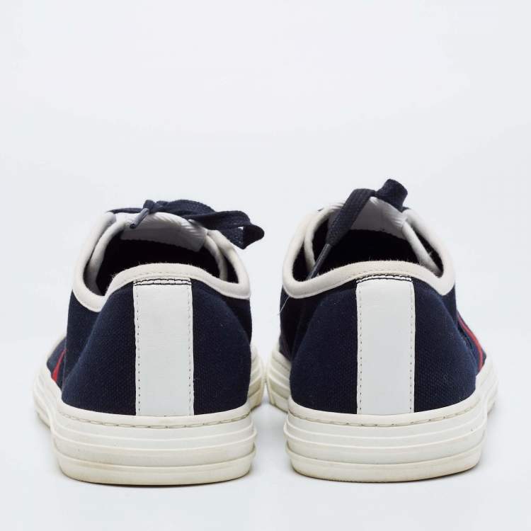 Pre Owned Gucci Navy Blue Leather And Canvas Web Detail Lace Up Sneakers Size 40
