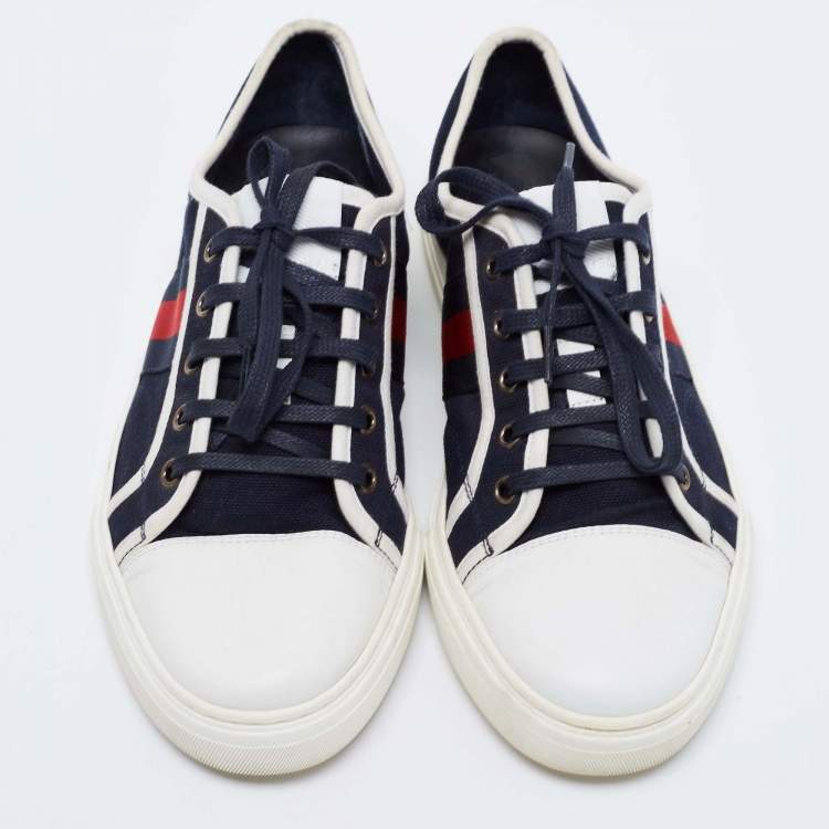 Pre Owned Gucci Navy Blue Leather And Canvas Web Detail Lace Up Sneakers Size 40