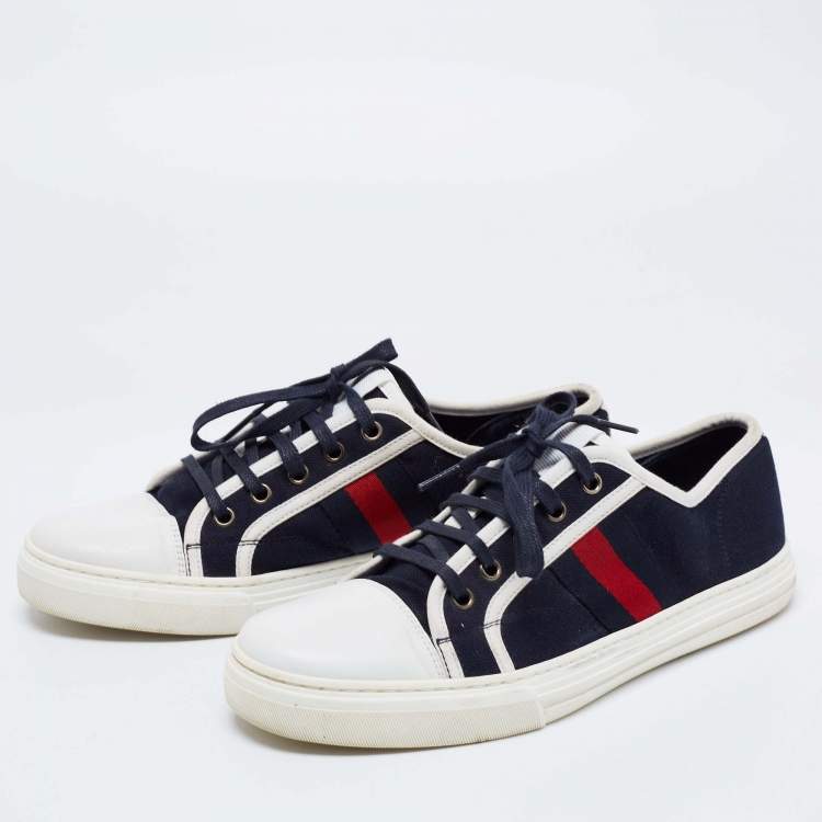 Pre Owned Gucci Navy Blue Leather And Canvas Web Detail Lace Up Sneakers Size 40