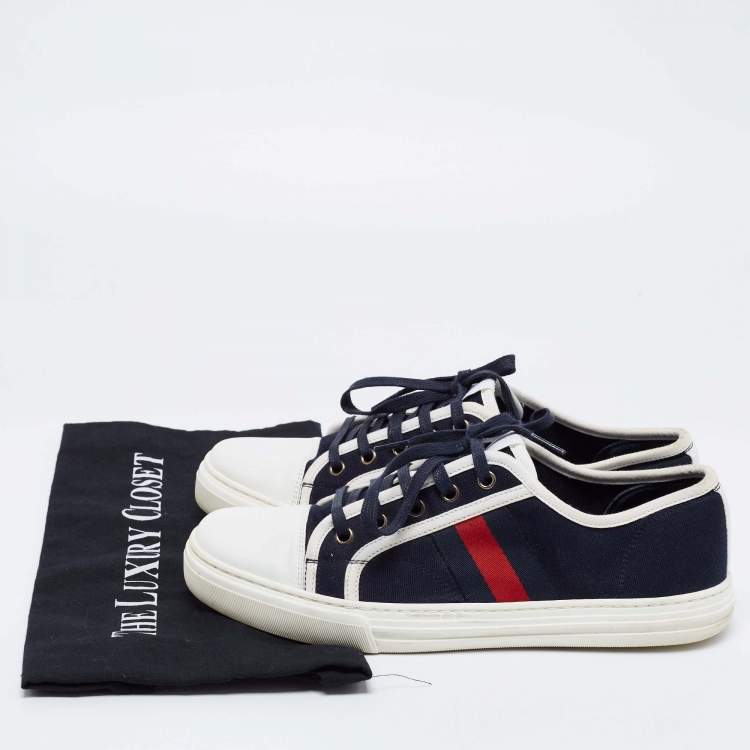 Pre Owned Gucci Navy Blue Leather And Canvas Web Detail Lace Up Sneakers Size 40