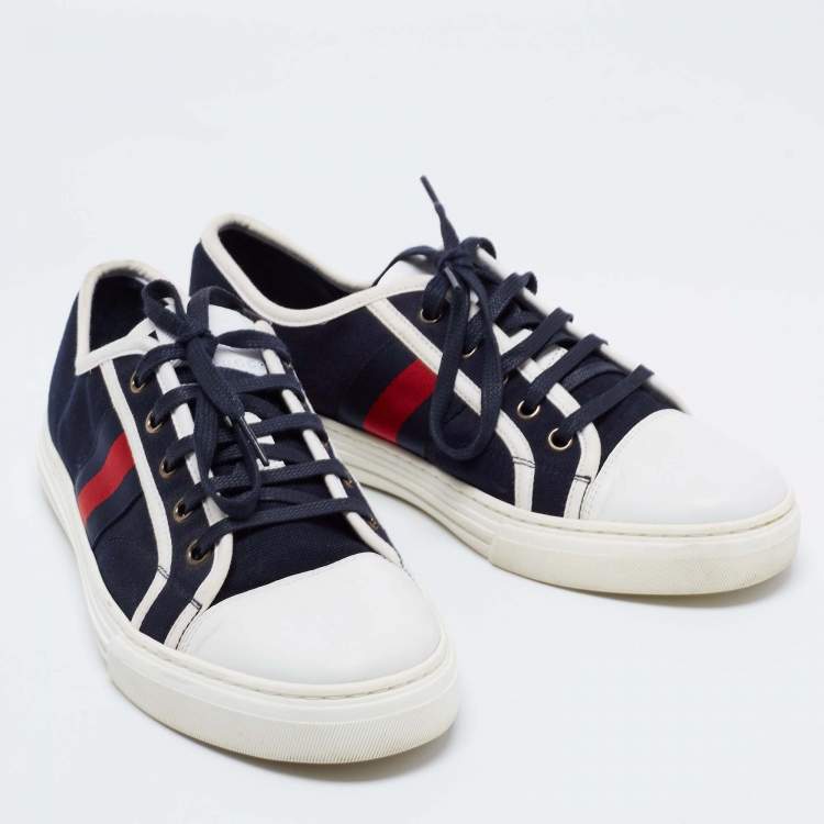 Pre Owned Gucci Navy Blue Leather And Canvas Web Detail Lace Up Sneakers Size 40
