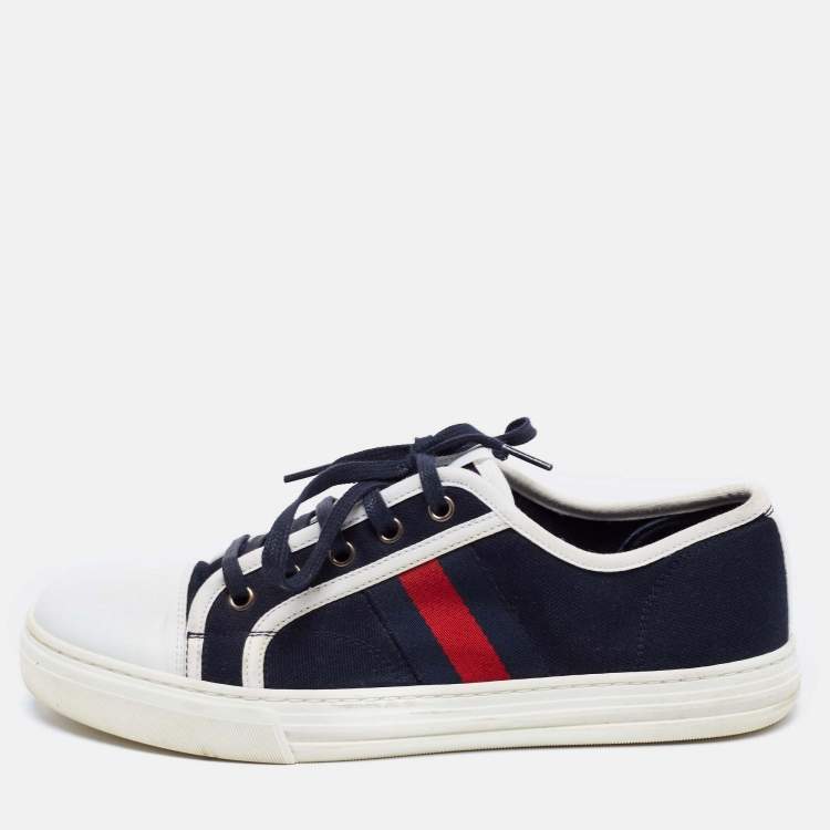 Pre Owned Gucci Navy Blue Leather And Canvas Web Detail Lace Up Sneakers Size 40
