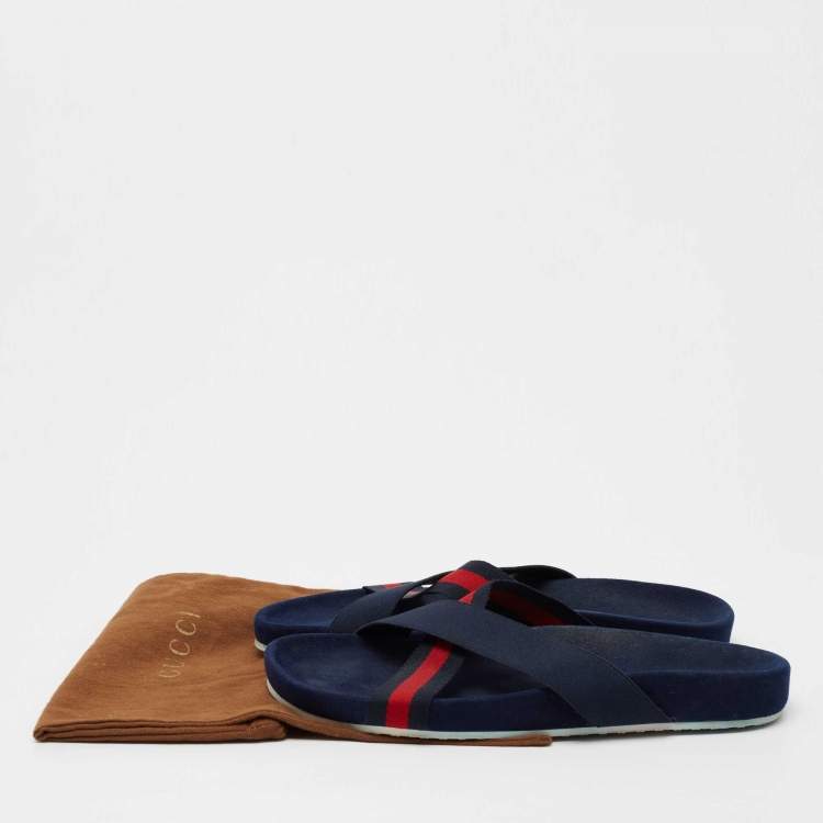 Pre Owned Gucci Navy Blue Fabric Criss-Cross Web Tape Flat Slide Sandals Size 41