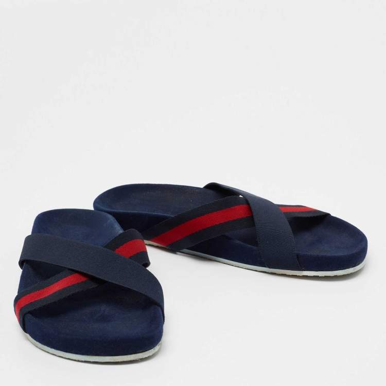 Pre Owned Gucci Navy Blue Fabric Criss-Cross Web Tape Flat Slide Sandals Size 41