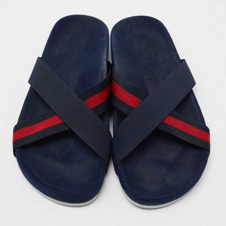 Pre Owned Gucci Navy Blue Fabric Criss-Cross Web Tape Flat Slide Sandals Size 41