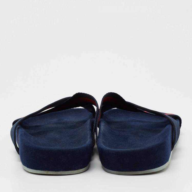 Pre Owned Gucci Navy Blue Fabric Criss-Cross Web Tape Flat Slide Sandals Size 41