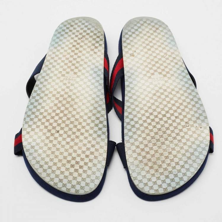 Pre Owned Gucci Navy Blue Fabric Criss-Cross Web Tape Flat Slide Sandals Size 41