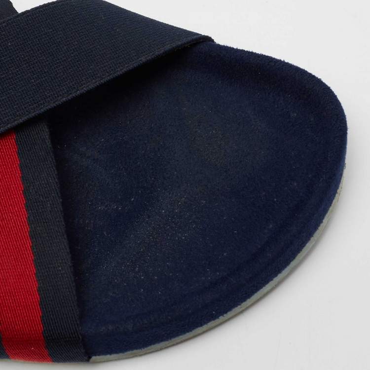 Pre Owned Gucci Navy Blue Fabric Criss-Cross Web Tape Flat Slide Sandals Size 41
