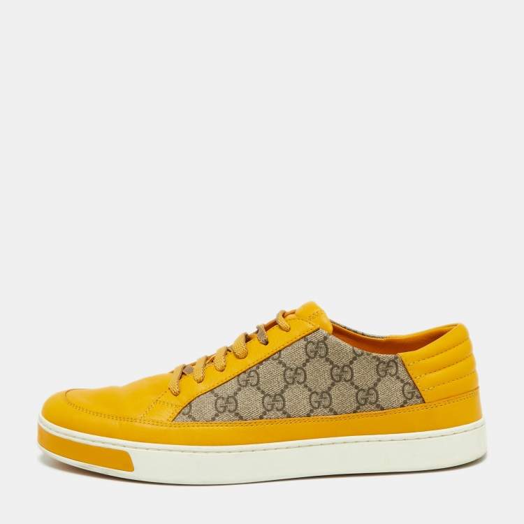 Pre Owned Gucci Yellow/Beige GG Canvas and Leather Low Top Sneakers Size 44