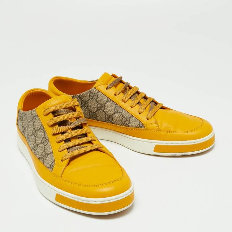 Pre Owned Gucci Yellow/Beige GG Canvas and Leather Low Top Sneakers Size 44