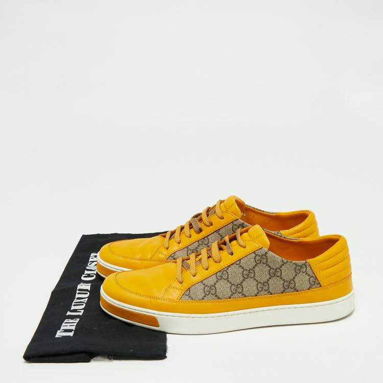 Pre Owned Gucci Yellow/Beige GG Canvas and Leather Low Top Sneakers Size 44